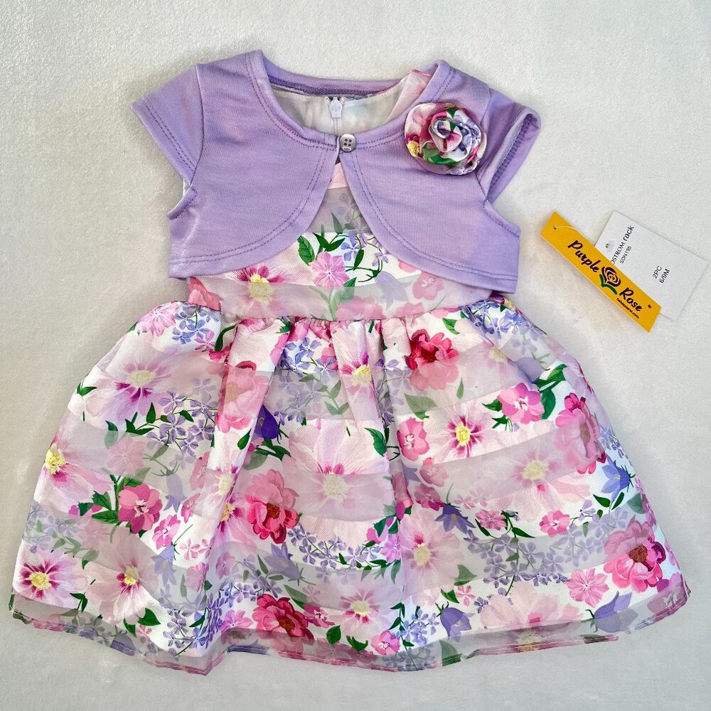 Purple Rose Shadow Stripe Floral Dress with Shrug Girls Size 6-9 Months NWT